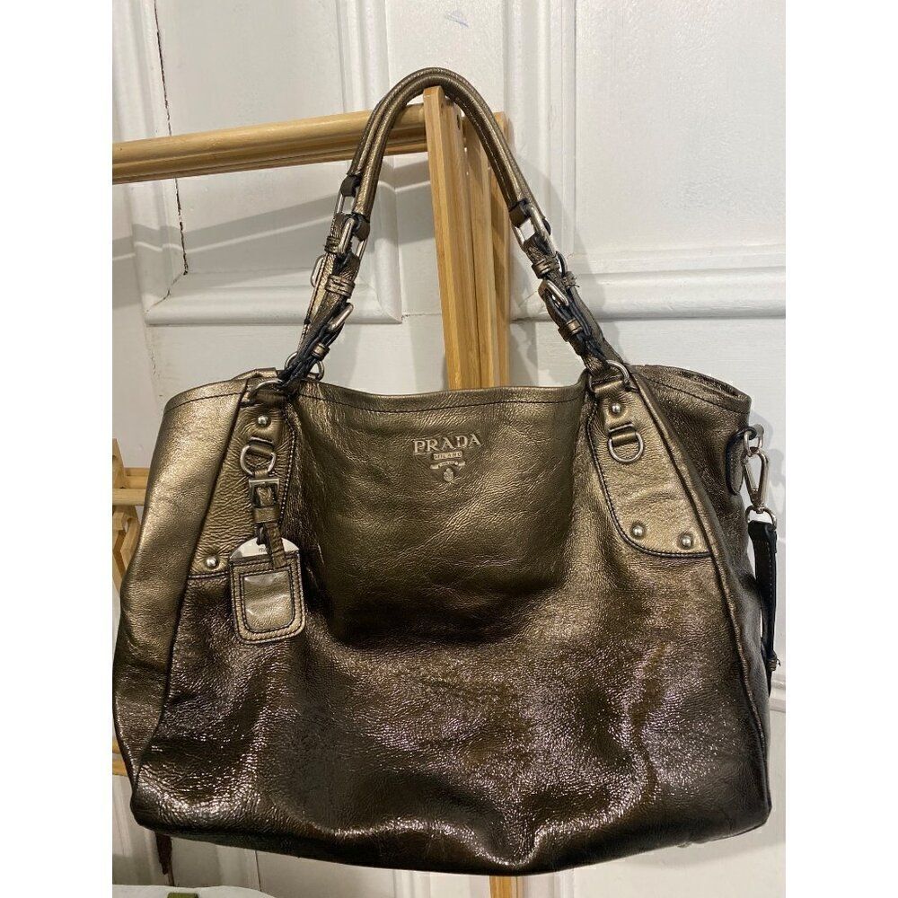 Prada Milano Leather Shoulder Bag Tote Metallic Ombre Leather